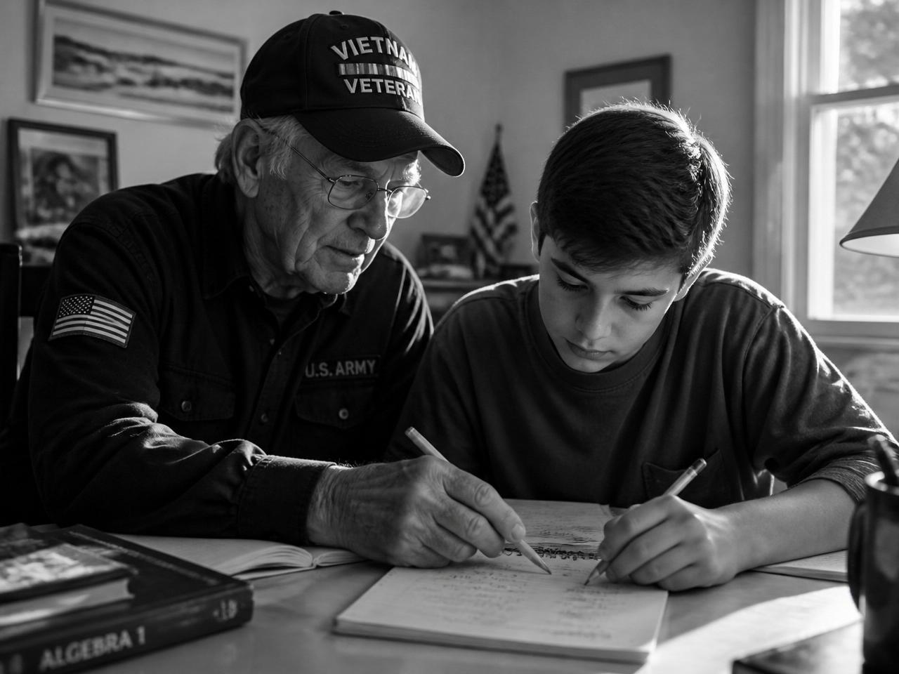 A retired veteran mentoring a teenage boy through algebra homework